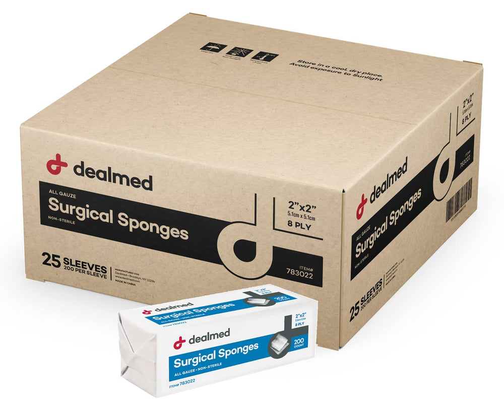 Dealmed 2x2 surgical sponges provide absorbent gauze for wound care