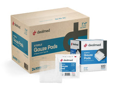Dealmed 3x3 sterile gauze pads in a dispenser box for quick access.