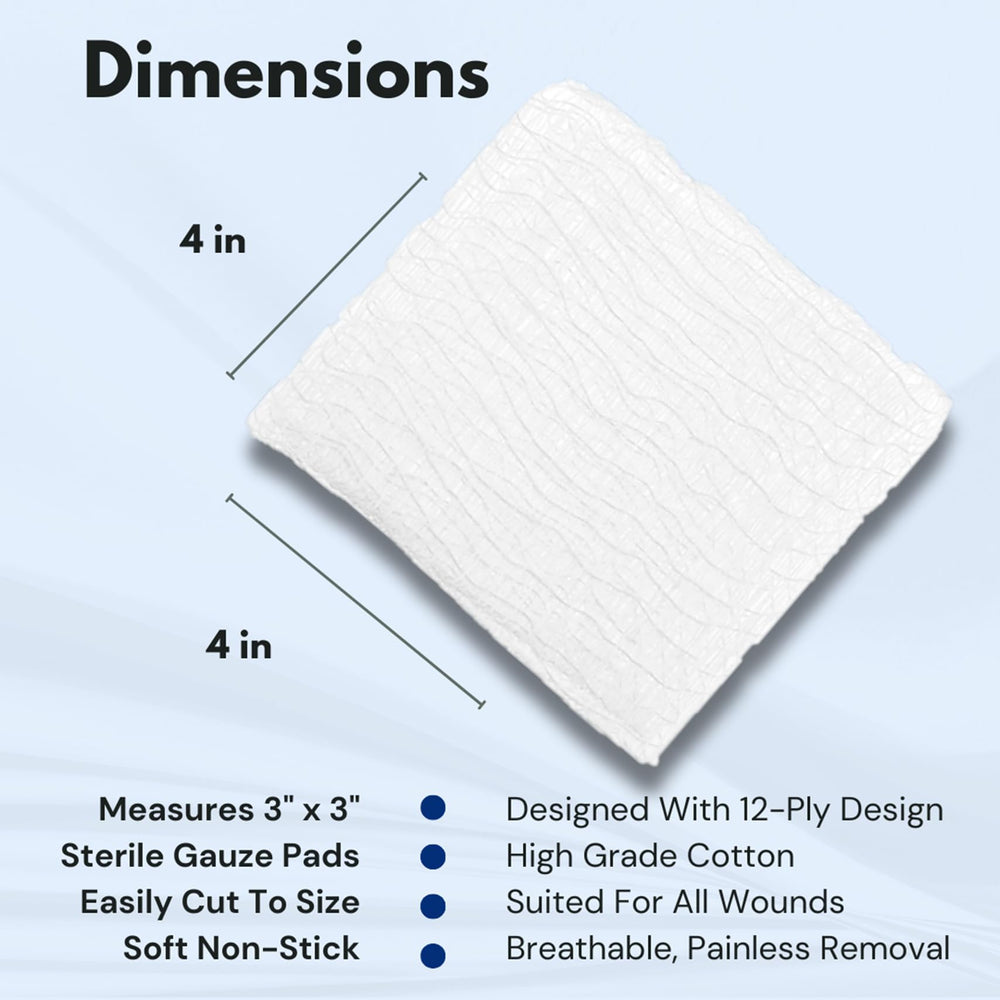 Dealmed 4x4 gauze pad visible in a dispenser box