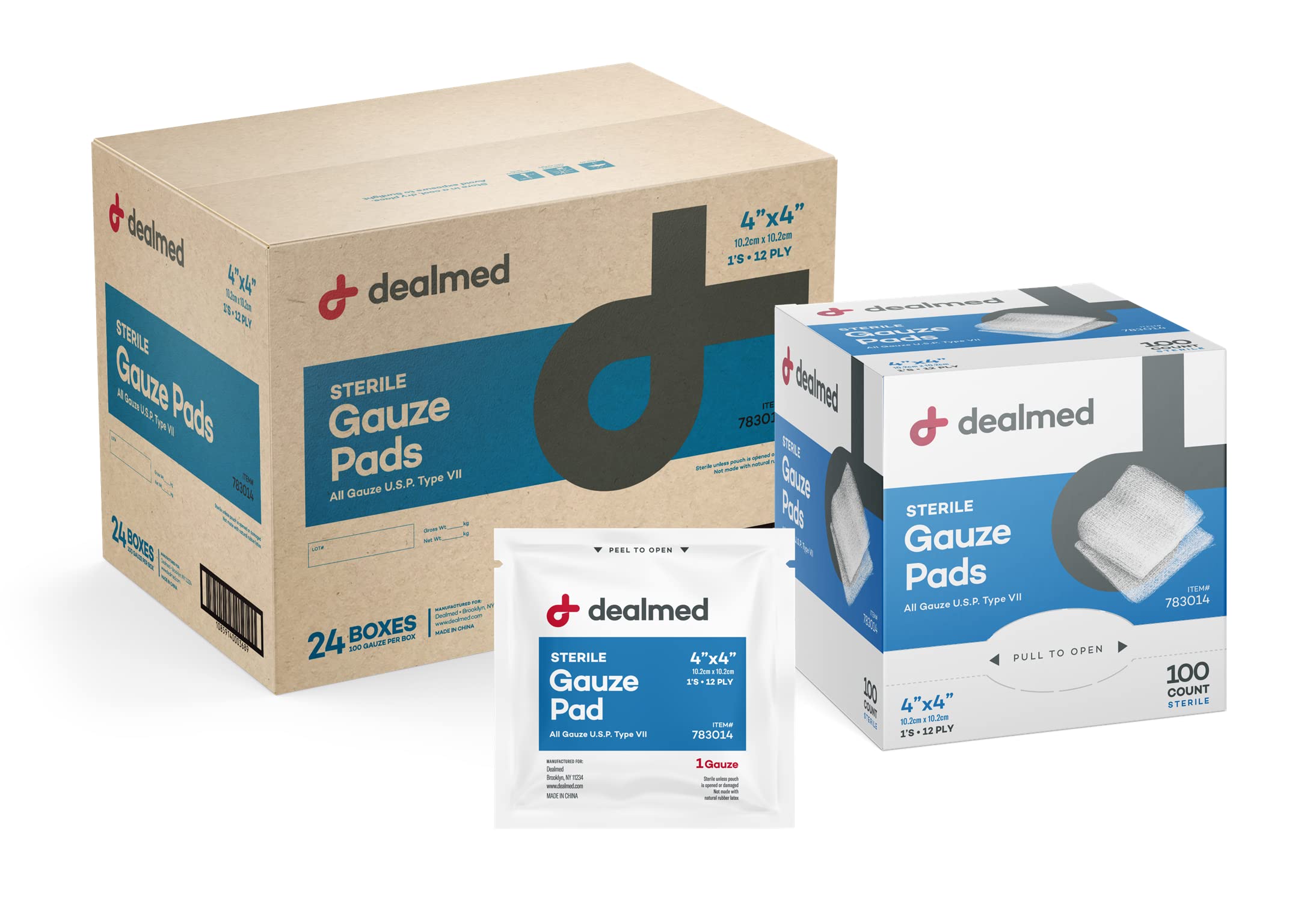 Dealmed 4x4 sterile gauze pad in packaging for easy first aid
