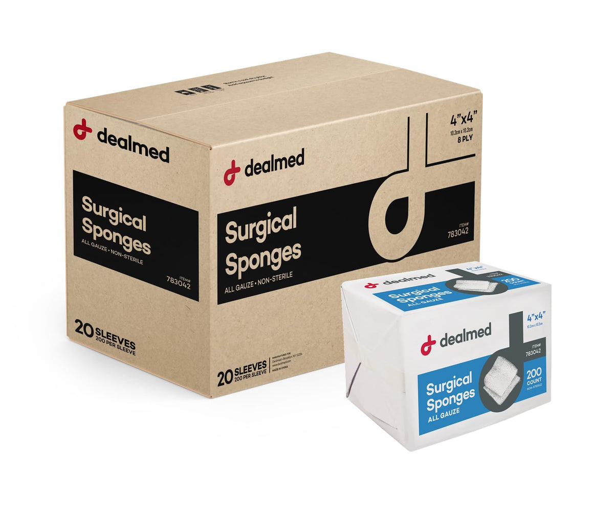 Dealmed 4x4 surgical sponge: 8-ply absorbent for wound dressing.