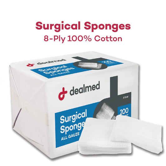 Dealmed 8-ply cotton-filled gauze sponge supports gentle absorption.