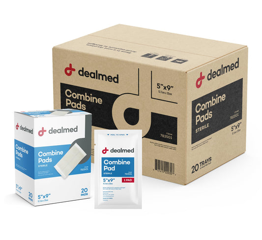 Dealmed ABD Combine Pads 5x9 inches, sterile and ready for heavy drainage.