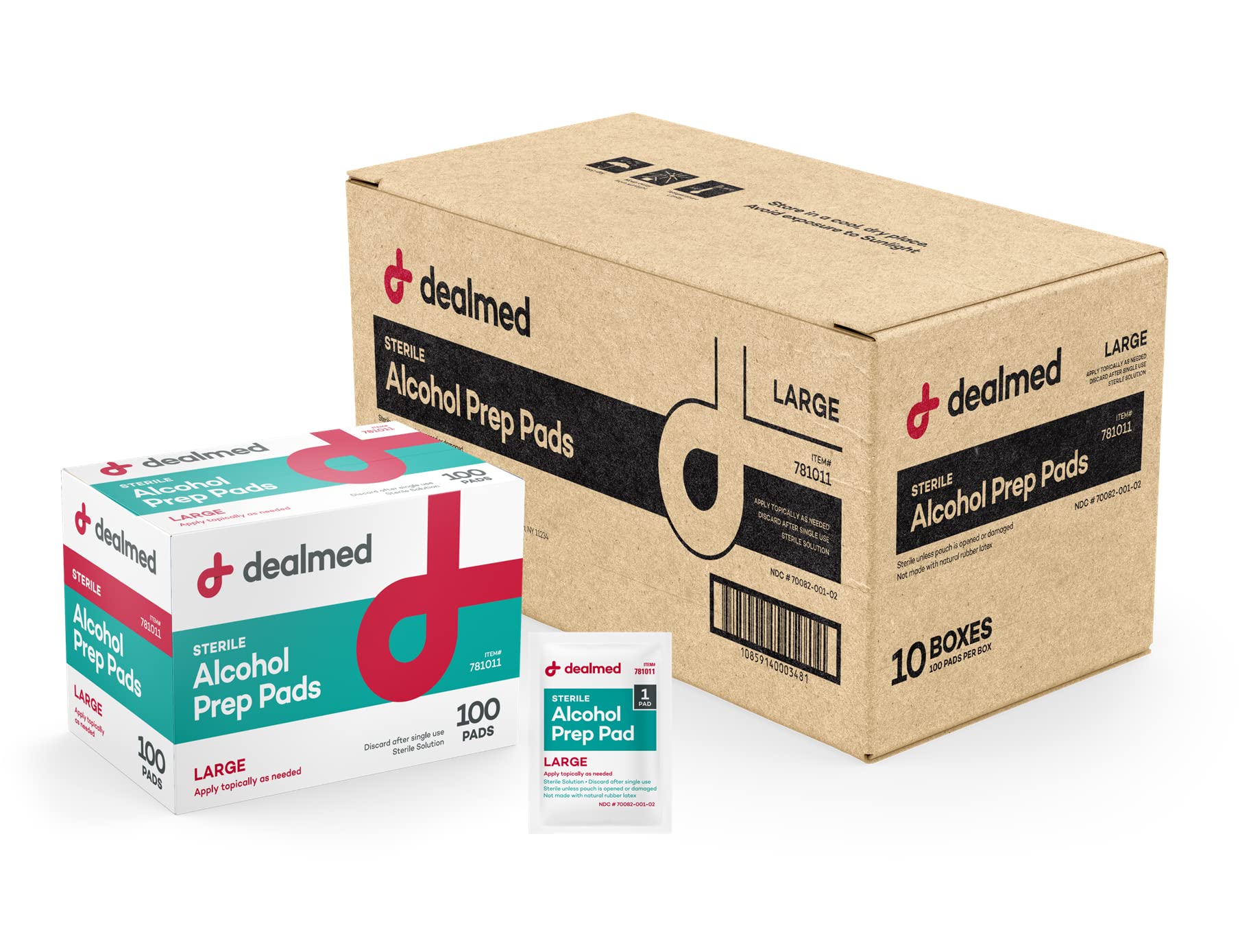 DealMed alcohol prep pads in a 1000-count container for bulk first aid readiness.