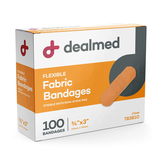 Dealmed fabric bandages non-stick pad detail shows gentle wound contact.