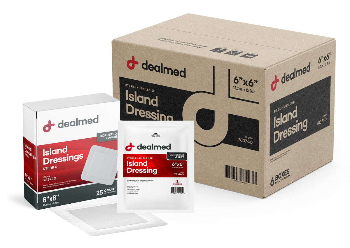 Dealmed bordered gauze island dressing 6x6 inch with adhesive border for secure placement.