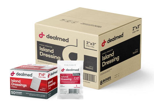 Dealmed island dressings 2x3 inch pad provides secure wound coverage with adhesive borders.