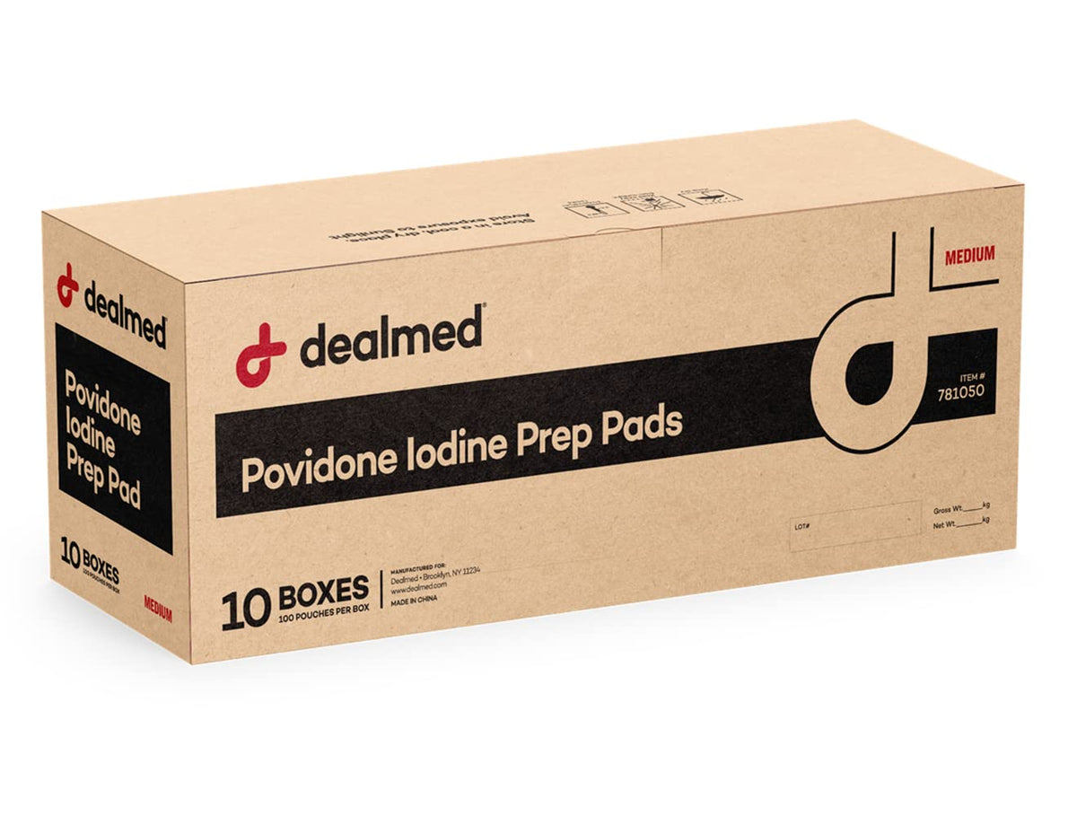 Dealmed povidone iodine prep pad in a sealed single packet for clean, ready wound care.