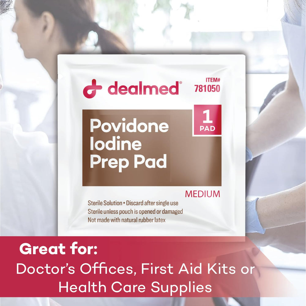 Dealmed povidone iodine prep pad; portable wound care essential.