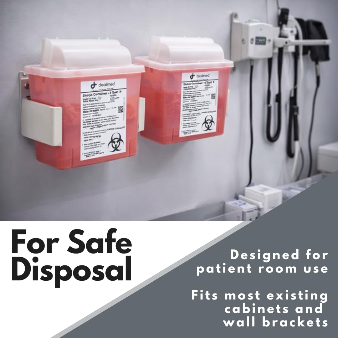 Dealmed 5-quart sharps container with clear lid and quick access for secure disposal.