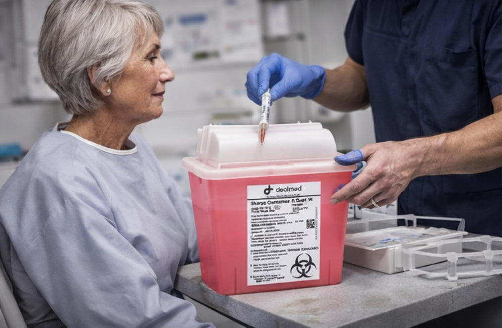 Dealmed 5-quart sharps container with lid open for easy needle drop and disposal.