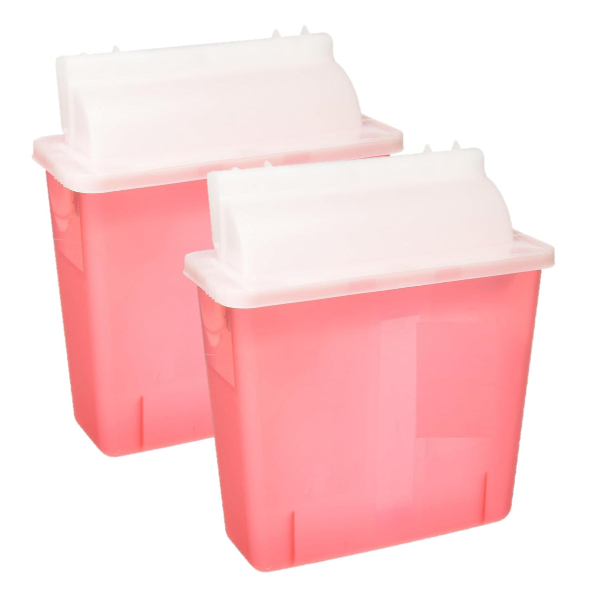 Dealmed 5-quart sharps container with red mailbox lid in side view for safe clinic disposal.