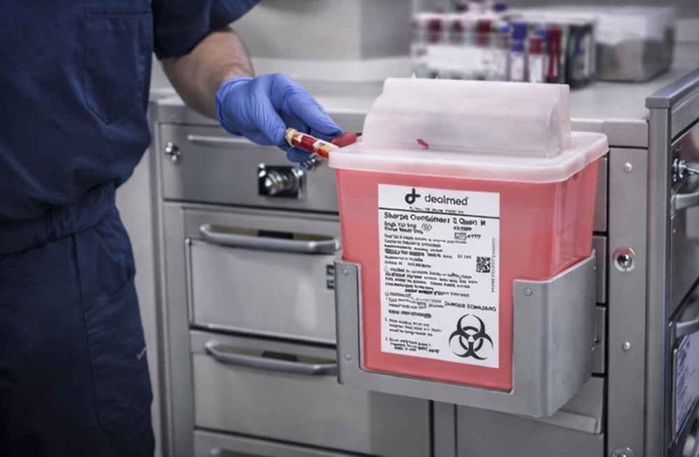 Dealmed 5-quart wall-mount compatible sharps container for facility integration.