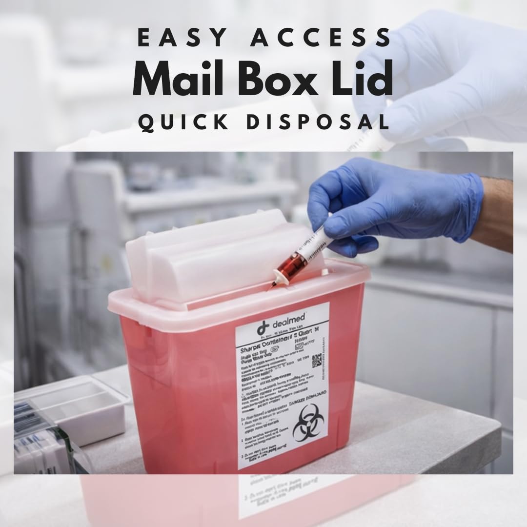 Dealmed 5-quart sharps container with transparent red body clearly showing fill level.