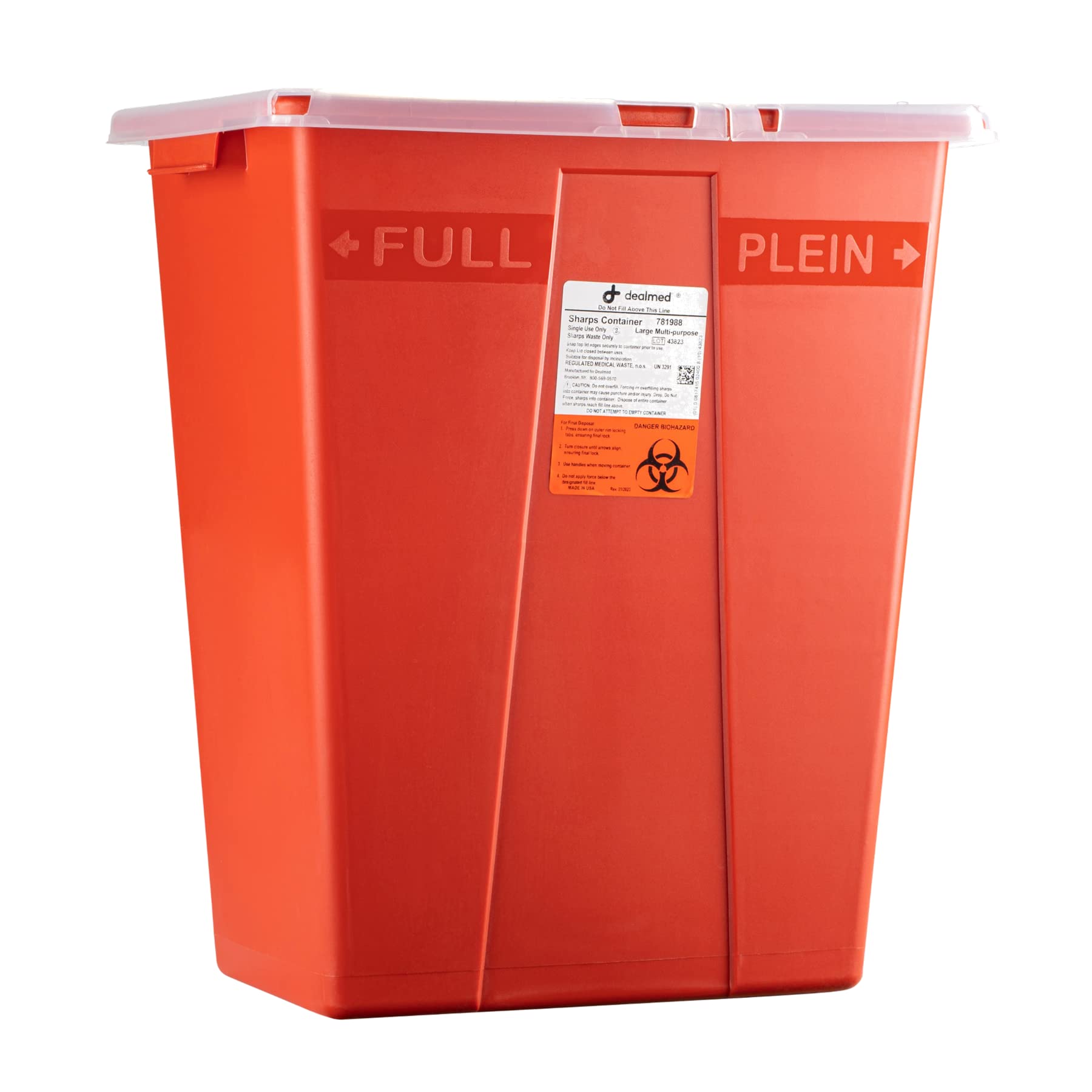 Dealmed 8-gallon sharps container with red hinged lid for quick, safe disposal.