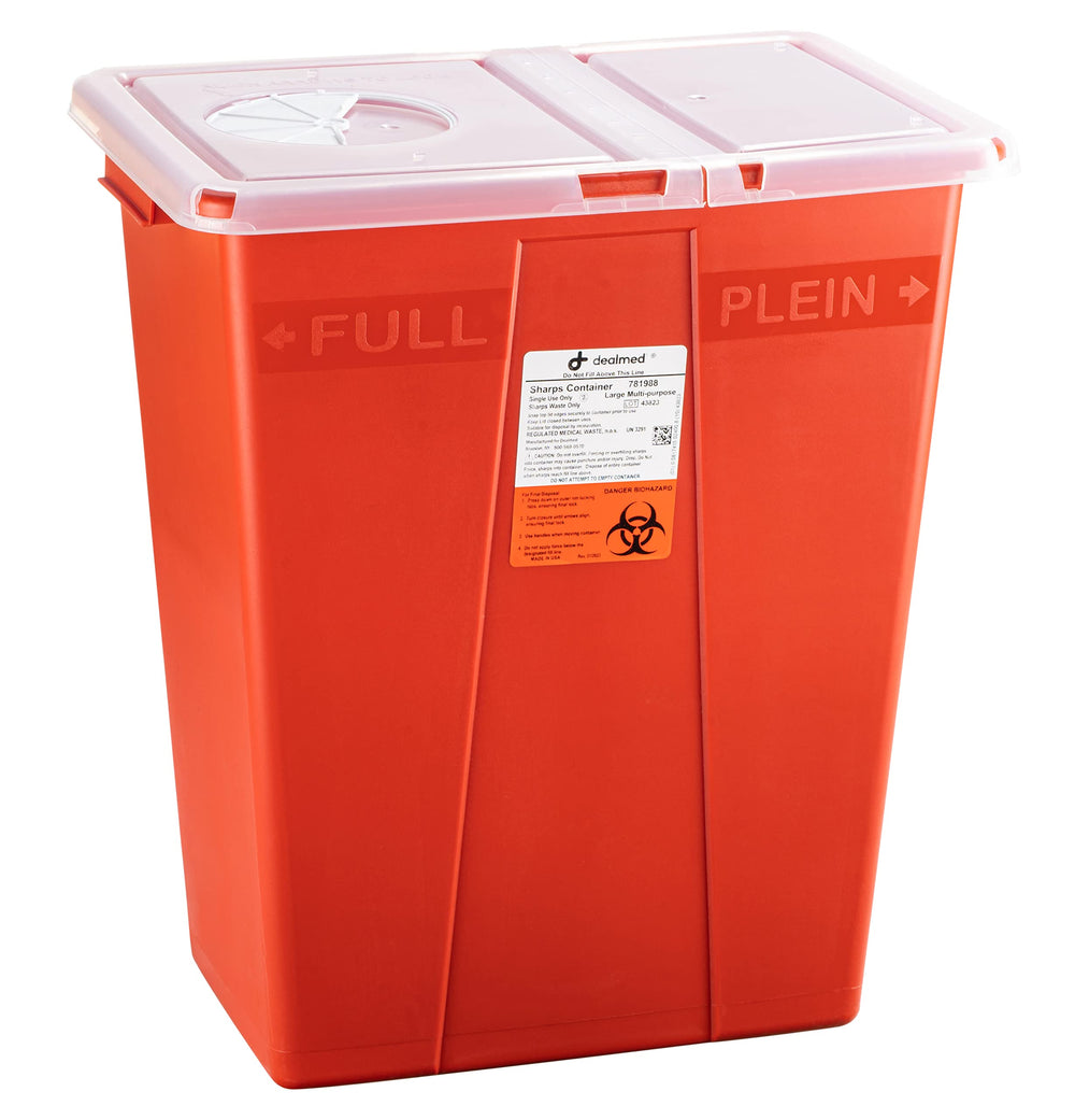 Dealmed red sharps container suited for high-activity clinical environments.
