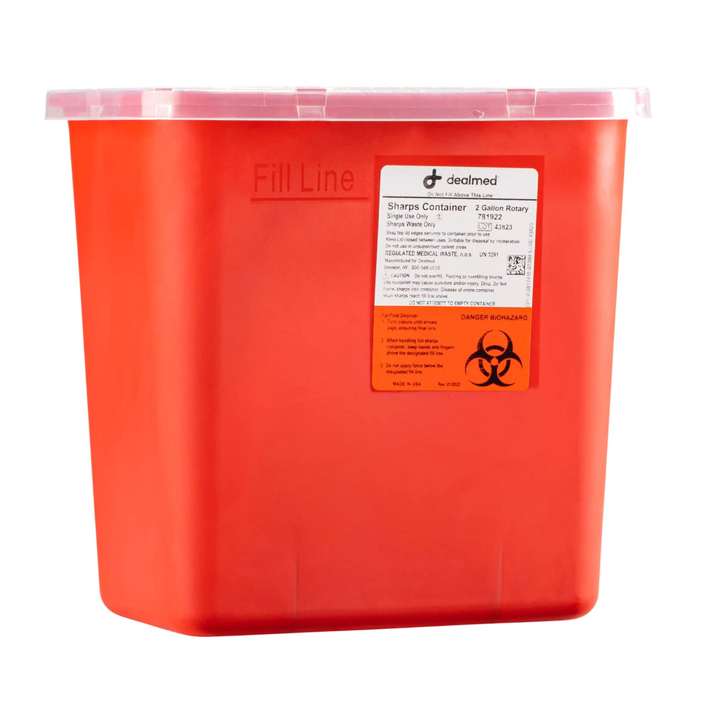 DealMed sharps container with rotor opening enables one-handed disposal