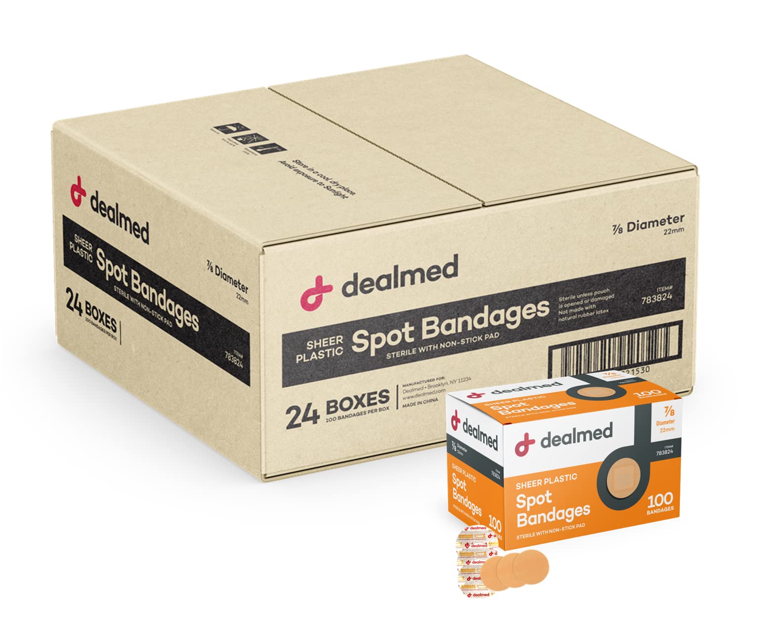 Dealmed Sheer Plastic Spot Bandages packaging emphasizes cleanliness and protection.