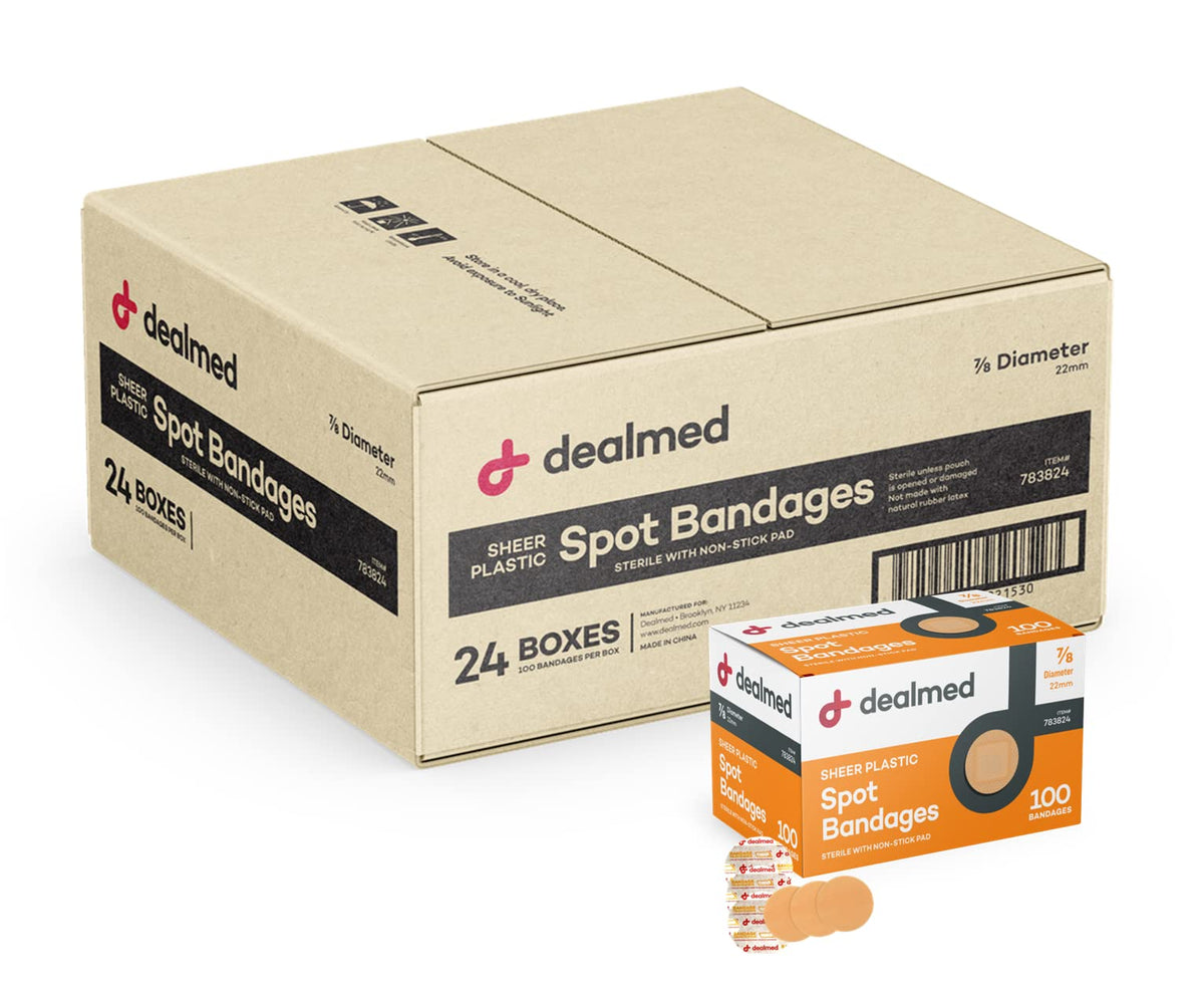 Dealmed Sheer Plastic Spot Bandages packaging emphasizes cleanliness and protection.