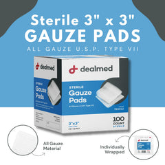 Dealmed sterile gauze pads with individually wrapped packaging to preserve sterility.