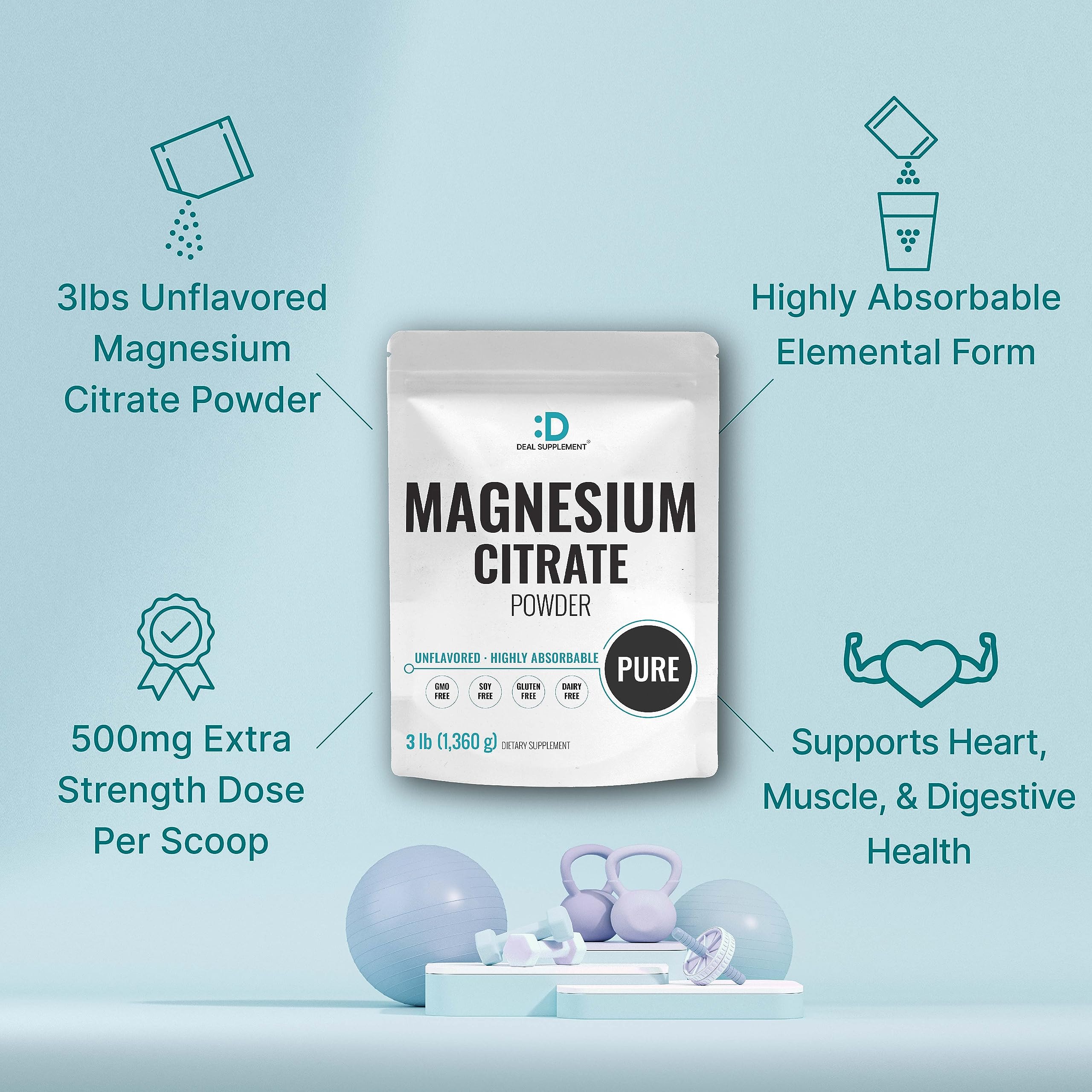 DEAL SUPPLEMENT Magnesium Citrate Powder label highlights non-GMO and filler-free ingredients.