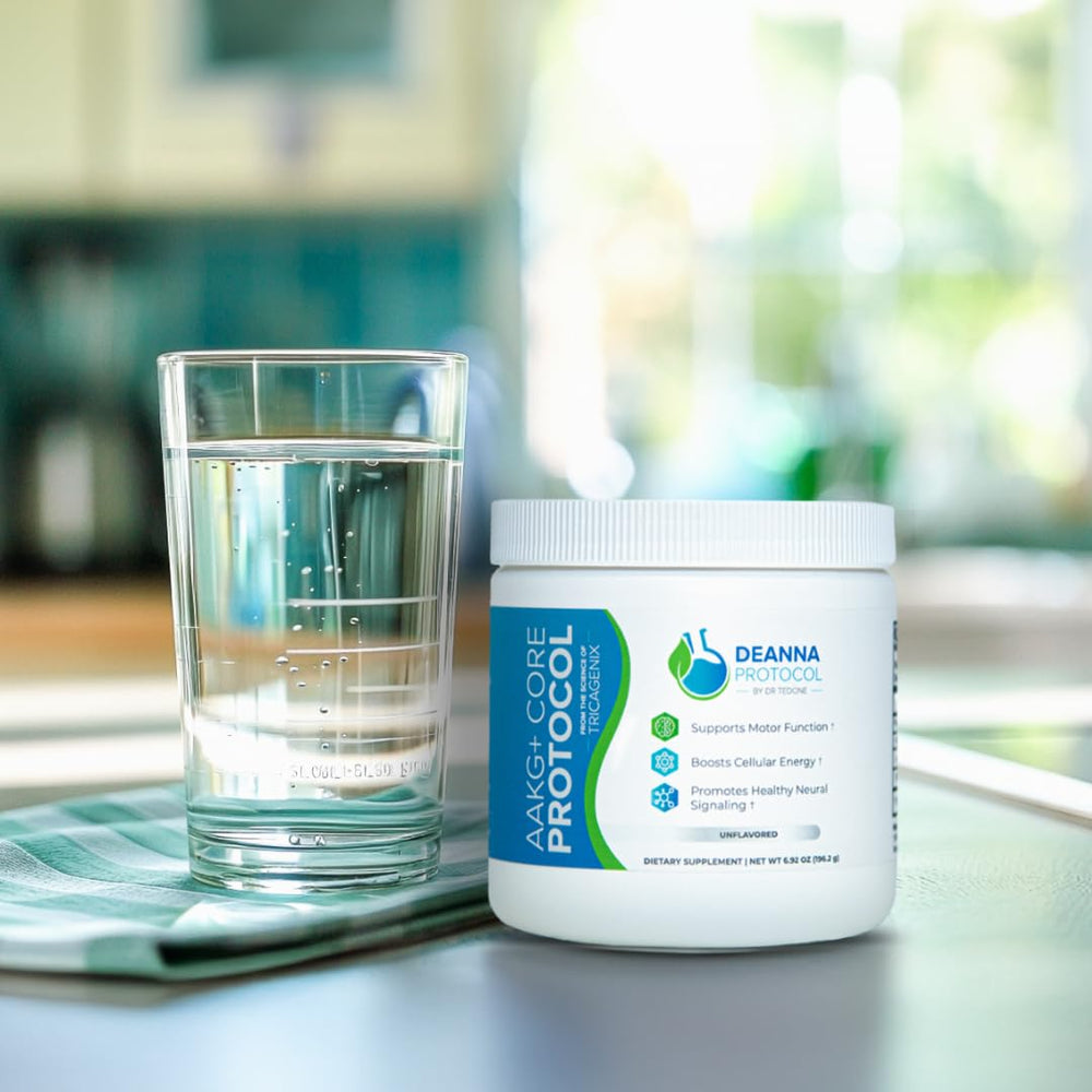 Scoop and bottle of Deanna Protocol AAKG+ Core Powder ready to mix easily.