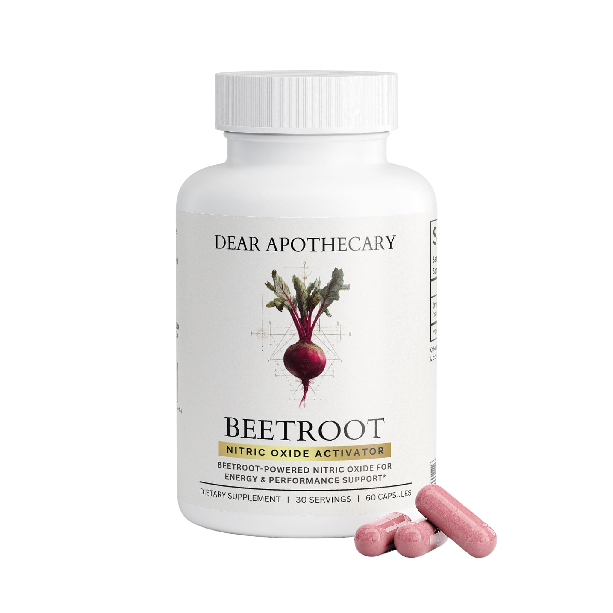 Dear Apothecary Beetroot Capsules bottle front highlights 1300 mg serving.