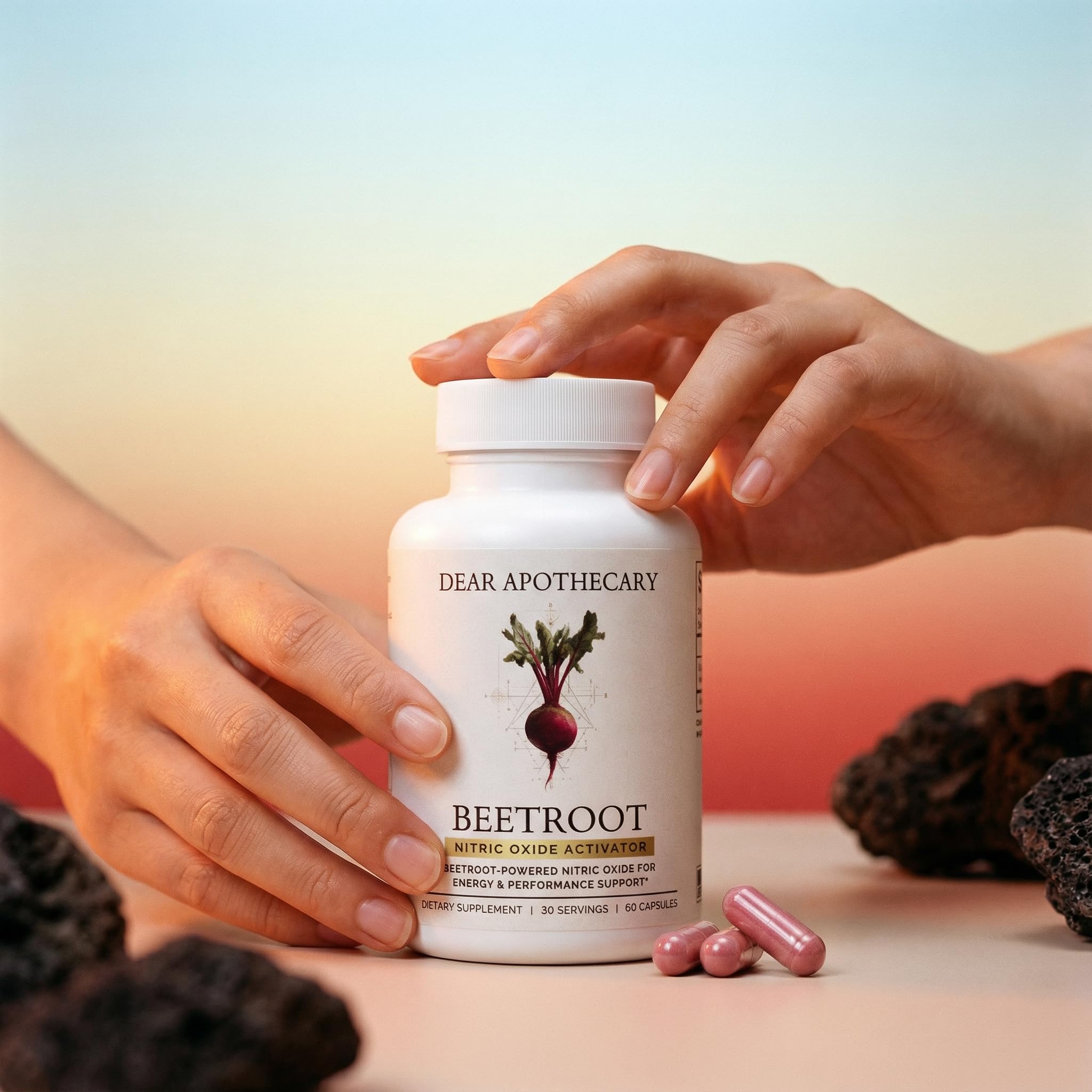 Dear Apothecary Beetroot Capsules 60-count bottle for a 30-day supply.