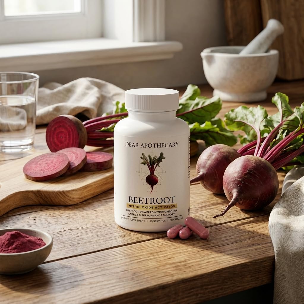 Dear Apothecary Beetroot Capsules packaging displaying non-GMO and vegan seals.