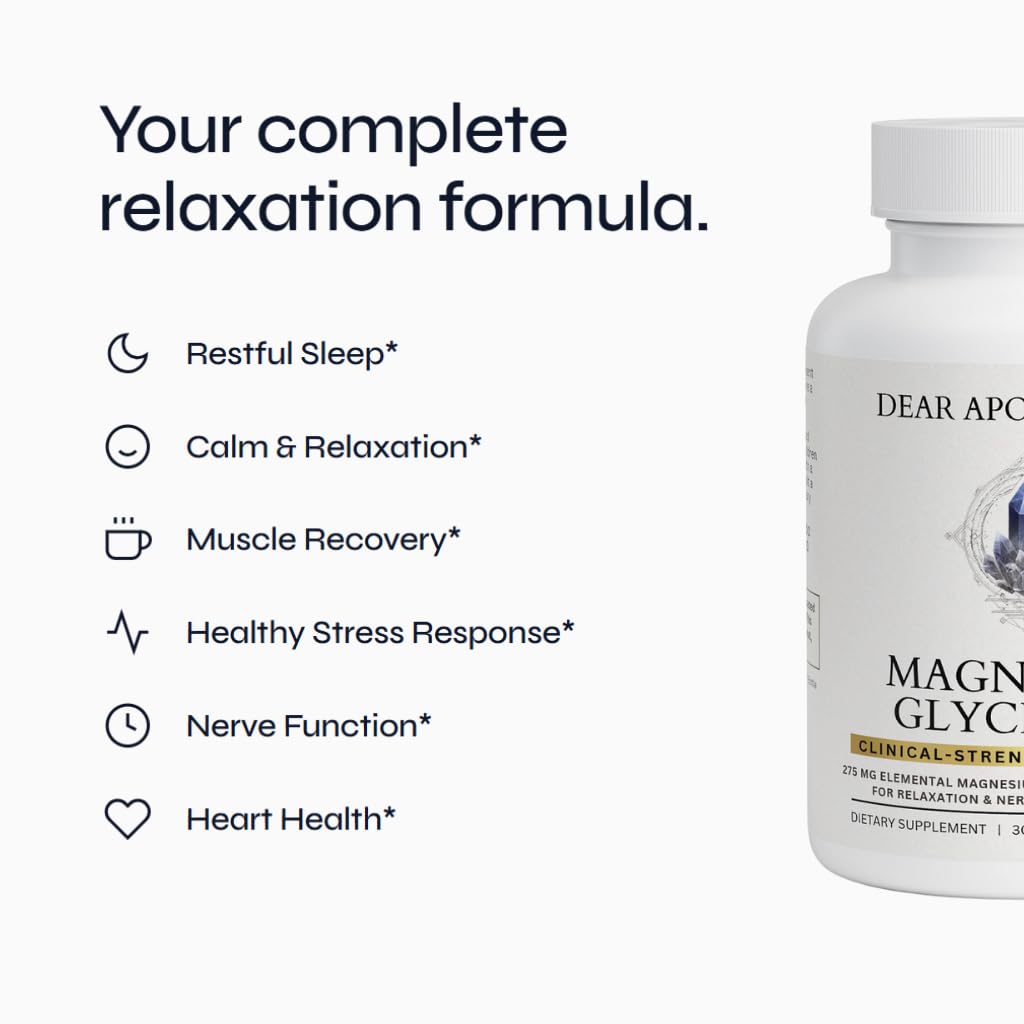 Dear Apothecary magnesium glycinate capsules highlighting gentle digestion and steady intake.