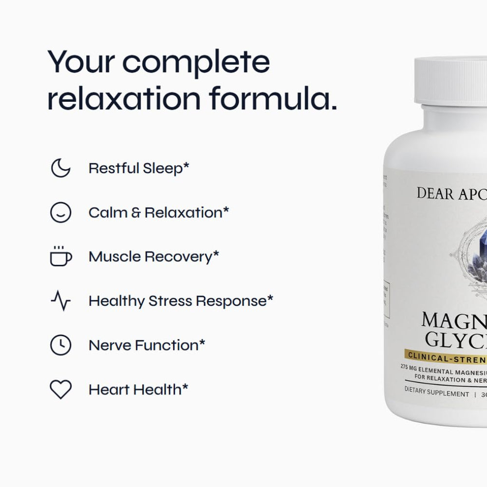 Dear Apothecary magnesium glycinate capsules highlighting gentle digestion and steady intake.