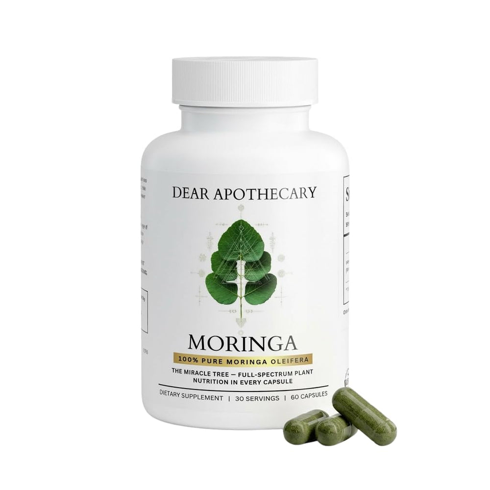 Dear Apothecary Moringa leaf powder capsules for daily energy and nourishment.