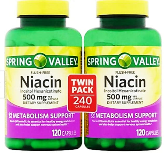 Decatela Spring Valley flush free niacin 500 mg capsules close-up for daily use.