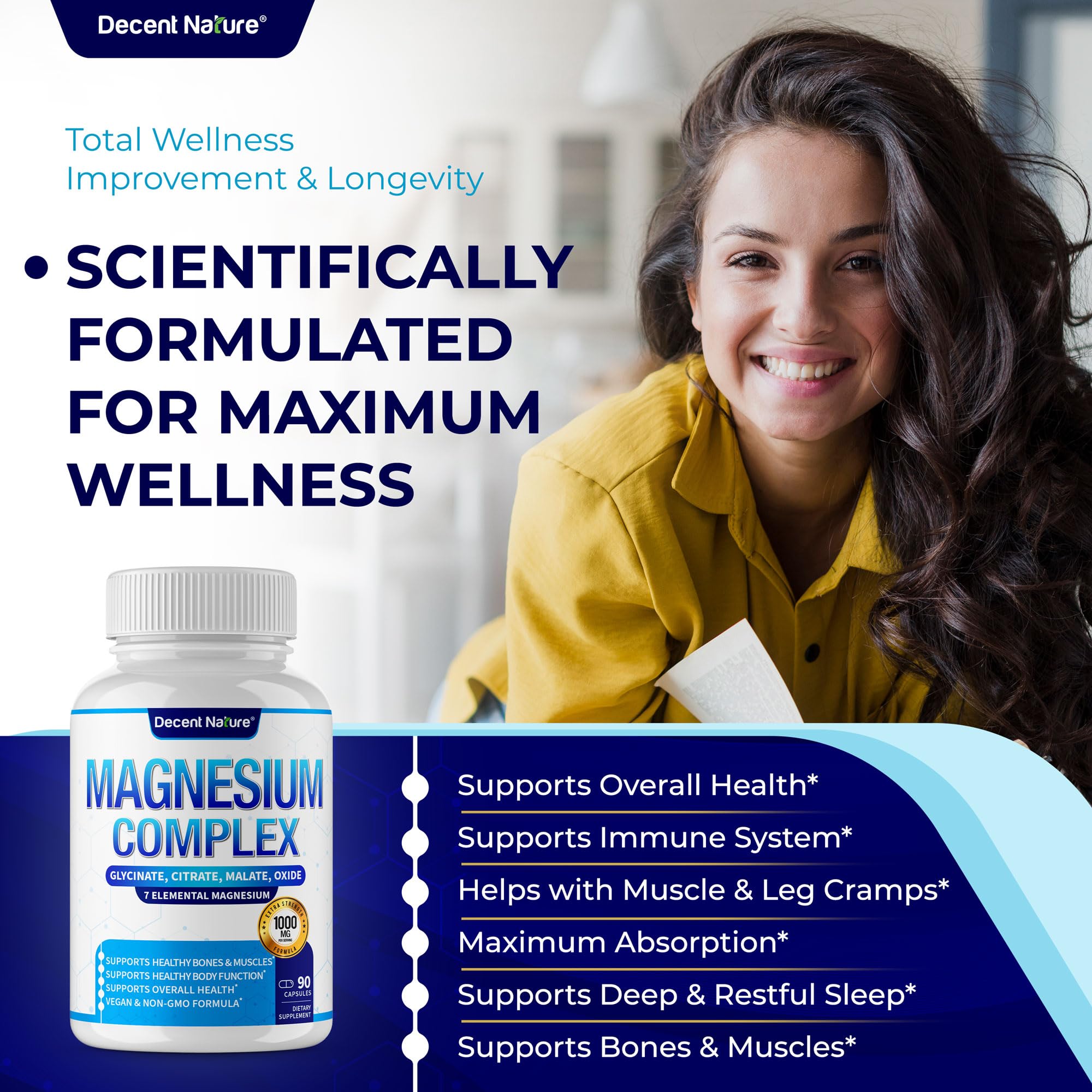 DECENT NATURE Magnesium Complex capsules close-up showing seven magnesium forms for absorption.