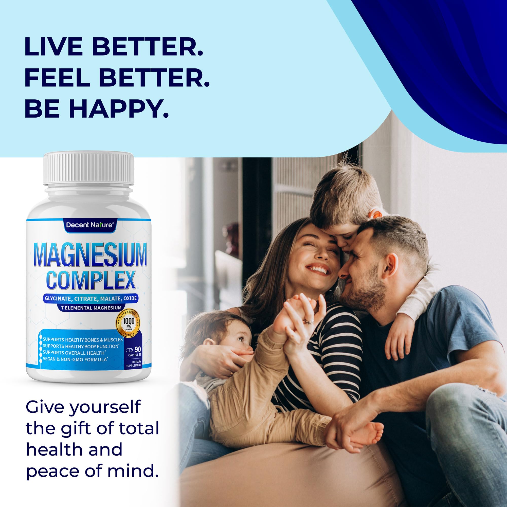 DECENT NATURE Magnesium Complex badge emphasizes non-GMO ingredients for confidence.