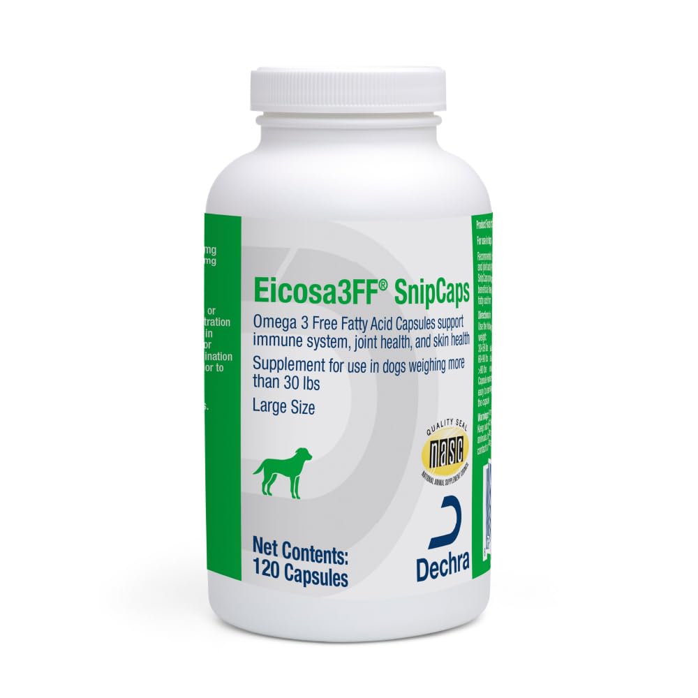 Dechra Eicosa3FF SnipCaps bottle, easy omega-3 supplementation for dogs to support healthy skin.