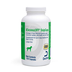 Dechra Eicosa3FF SnipCaps bottle, easy omega-3 supplementation for dogs to support healthy skin.
