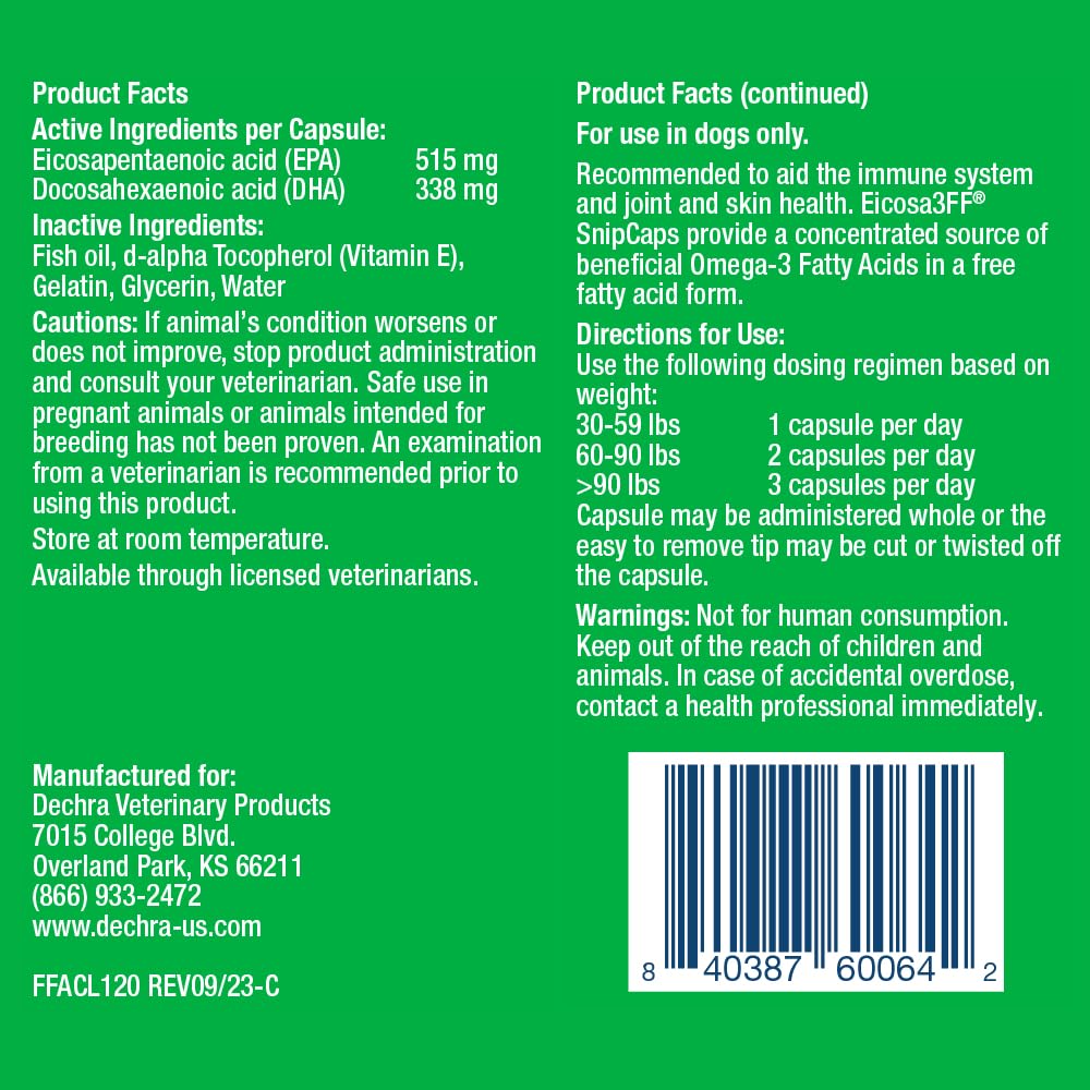 Dechra Eicosa3FF SnipCaps capsules shown for convenient administration during daily meals.
