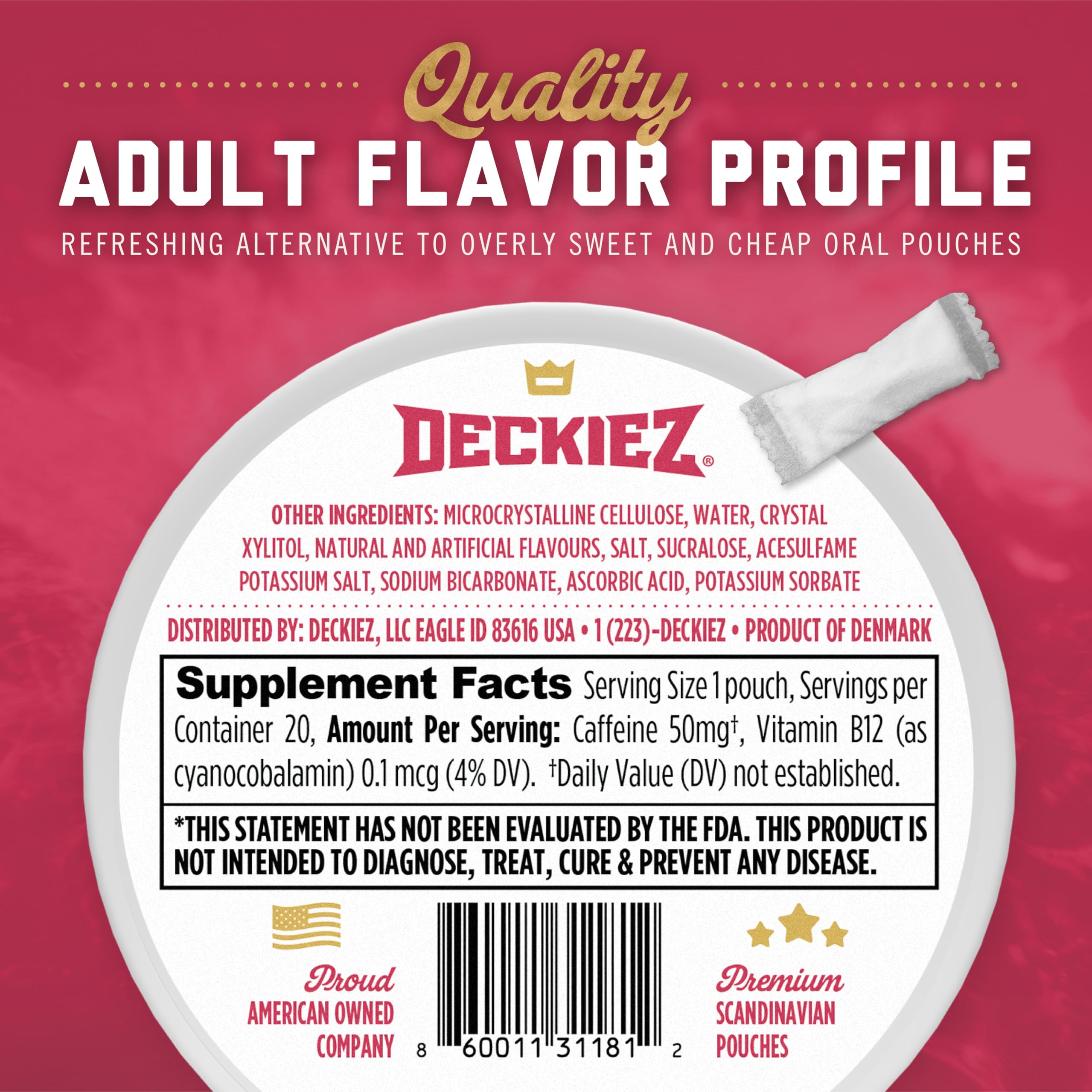 Deckiez Energy Pouch packaging display shows convenient 5-can bundle with 100 pouches.