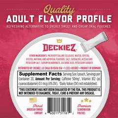 Deckiez Energy Pouch packaging display shows convenient 5-can bundle with 100 pouches.