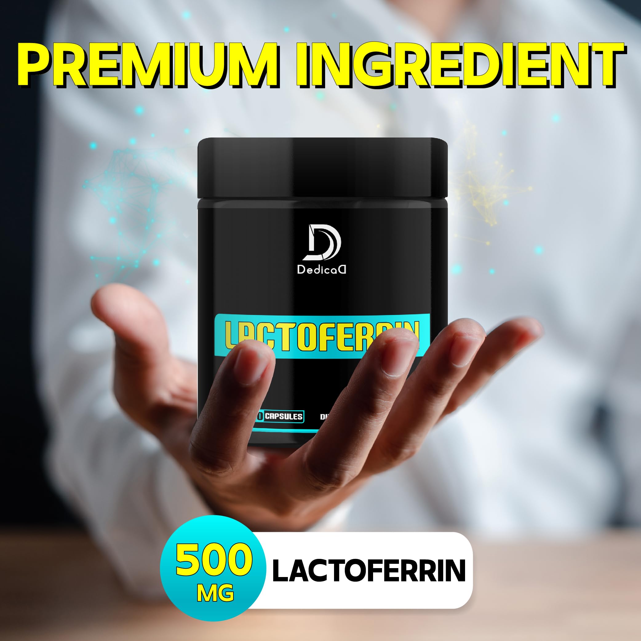 Close-up of DEDICAD Lactoferrin capsules for daily wellness.