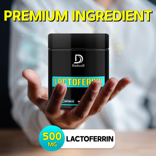Close-up of DEDICAD Lactoferrin capsules for daily wellness.