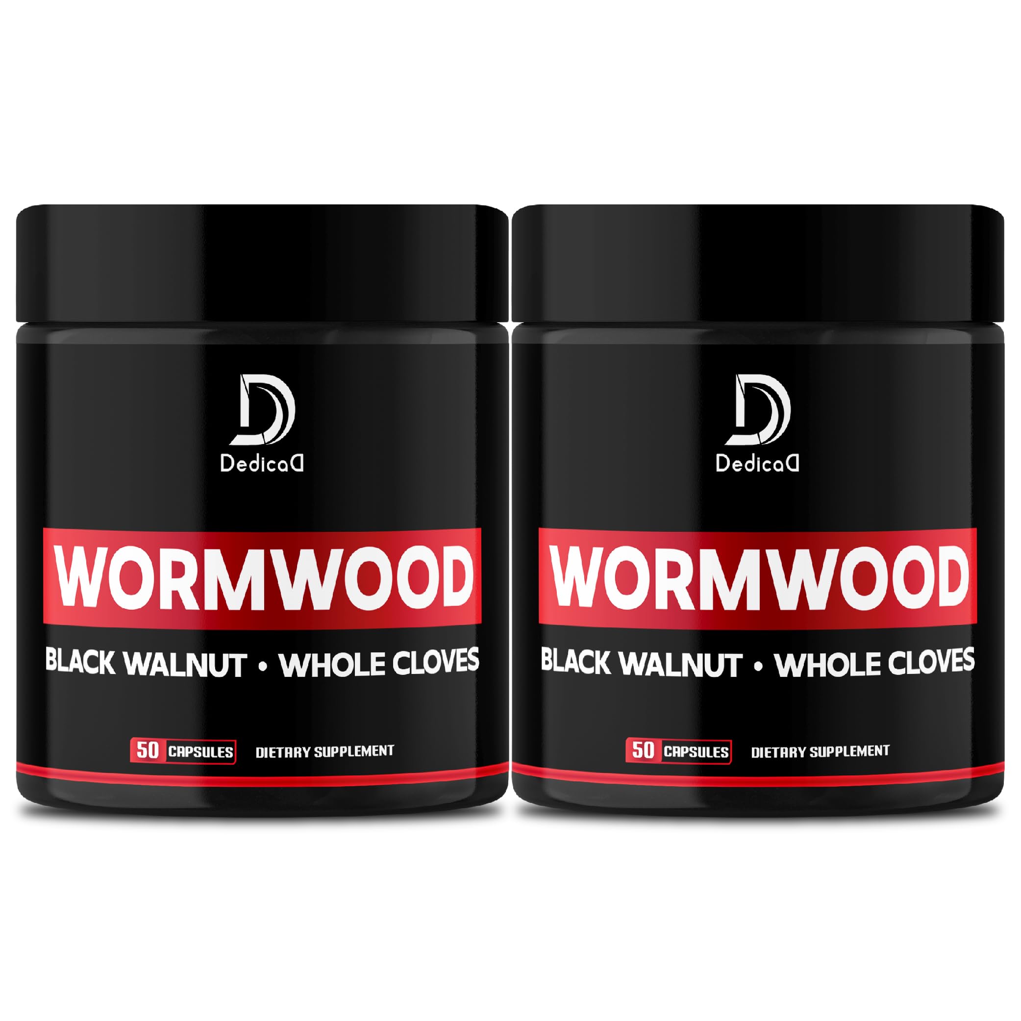 DEDICAD Wormwood Capsules bottle label shows the 12-herb blend for daily wellness