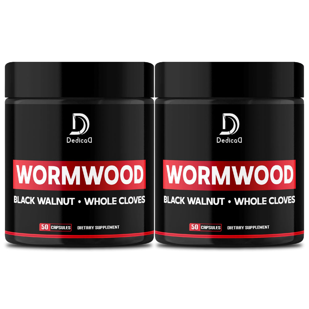 DEDICAD Wormwood Capsules bottle label shows the 12-herb blend for daily wellness
