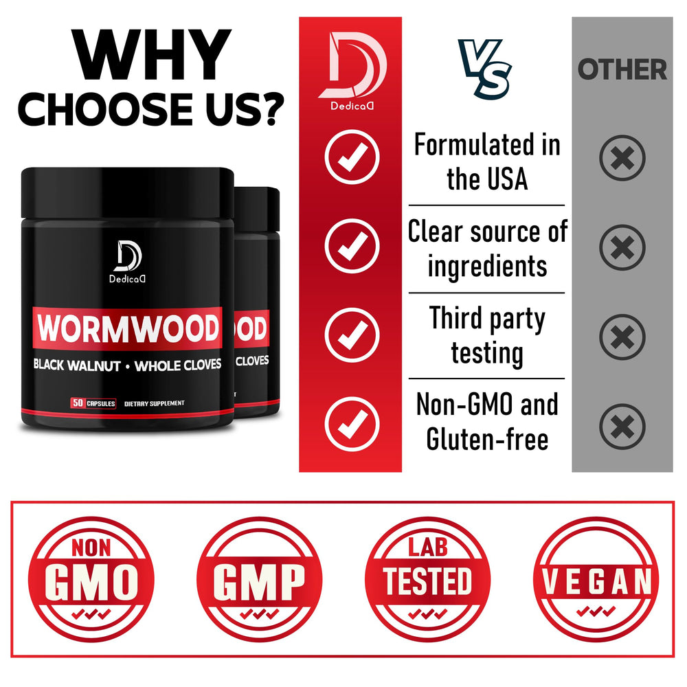 DEDICAD Wormwood Capsules packaging shows vegan and halal certifications