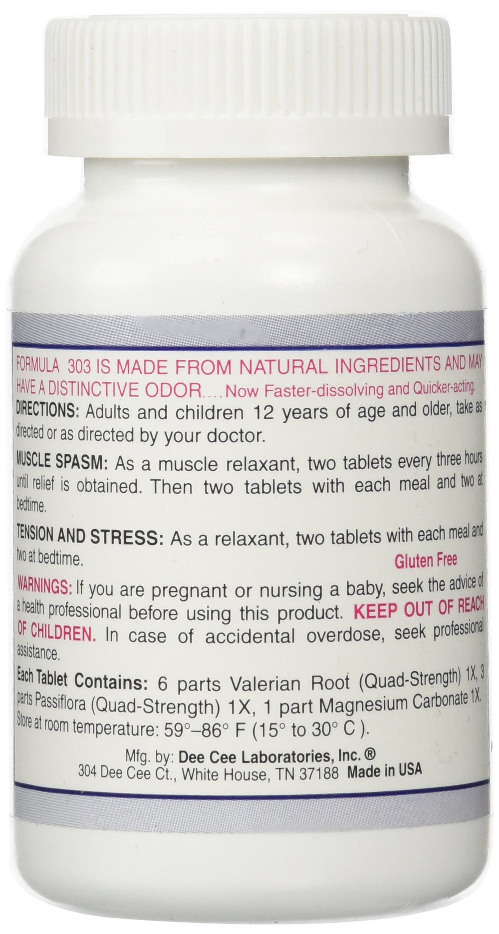 Dee Cee Laboratories Formula 303 bottle and label highlighting gluten-free non-GMO formula