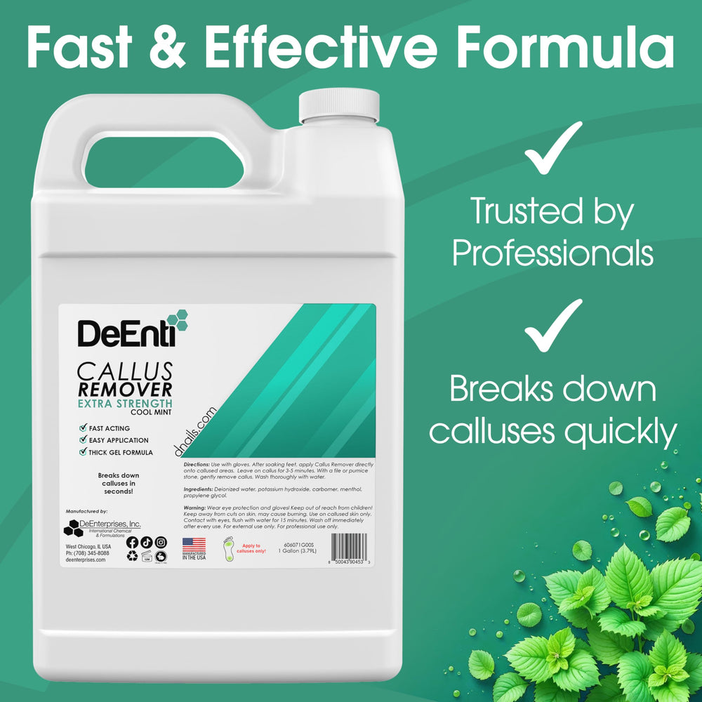 DeEnti Callus Remover gel texture highlights a thick formula for tough dry skin.