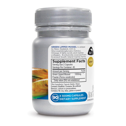 Deep Blue Health Green Lipped Mussel capsules on wood surface for convenient daily use.