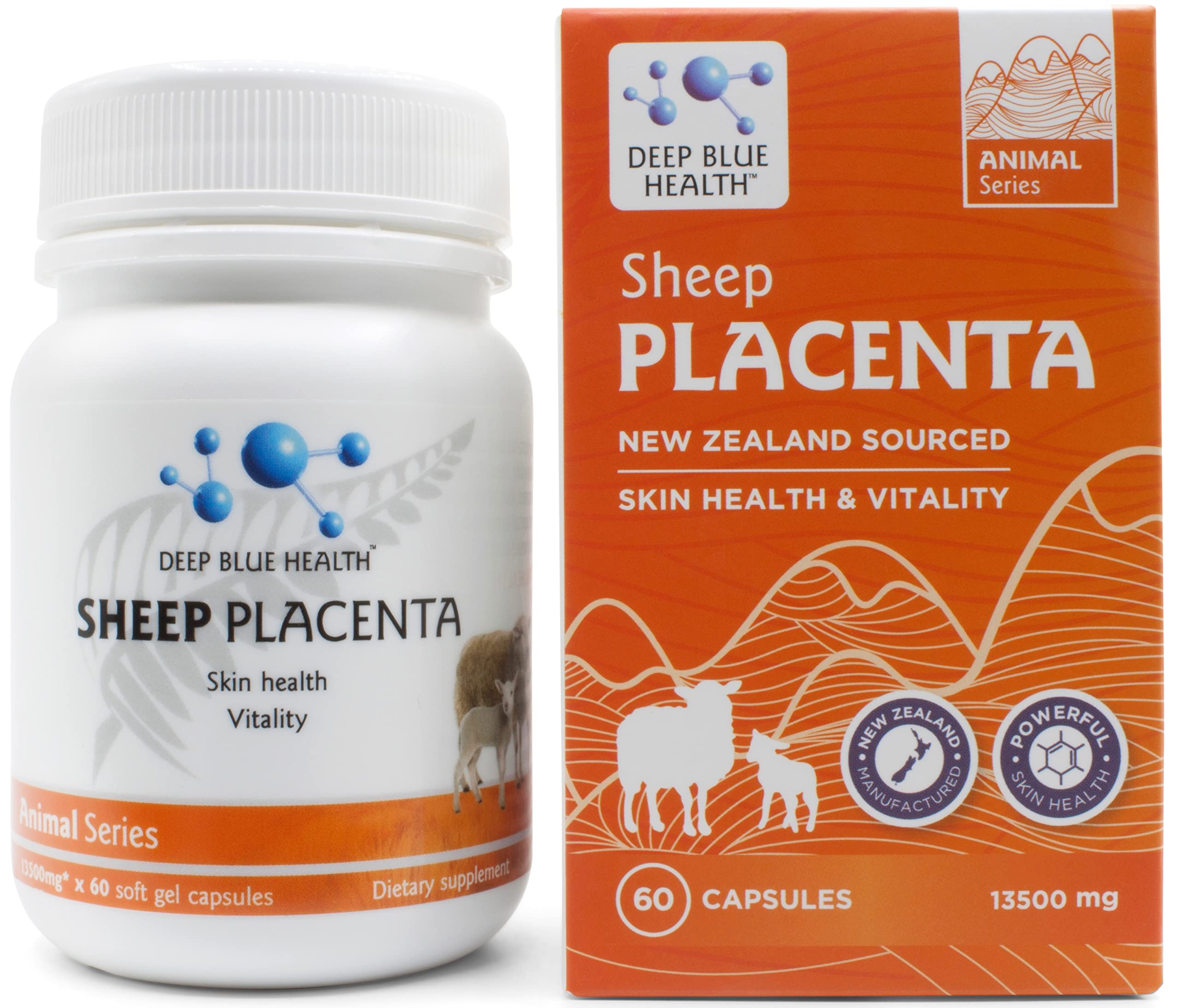 Deep Blue Health New Zealand Sheep Placenta bottle with capsules for skin support