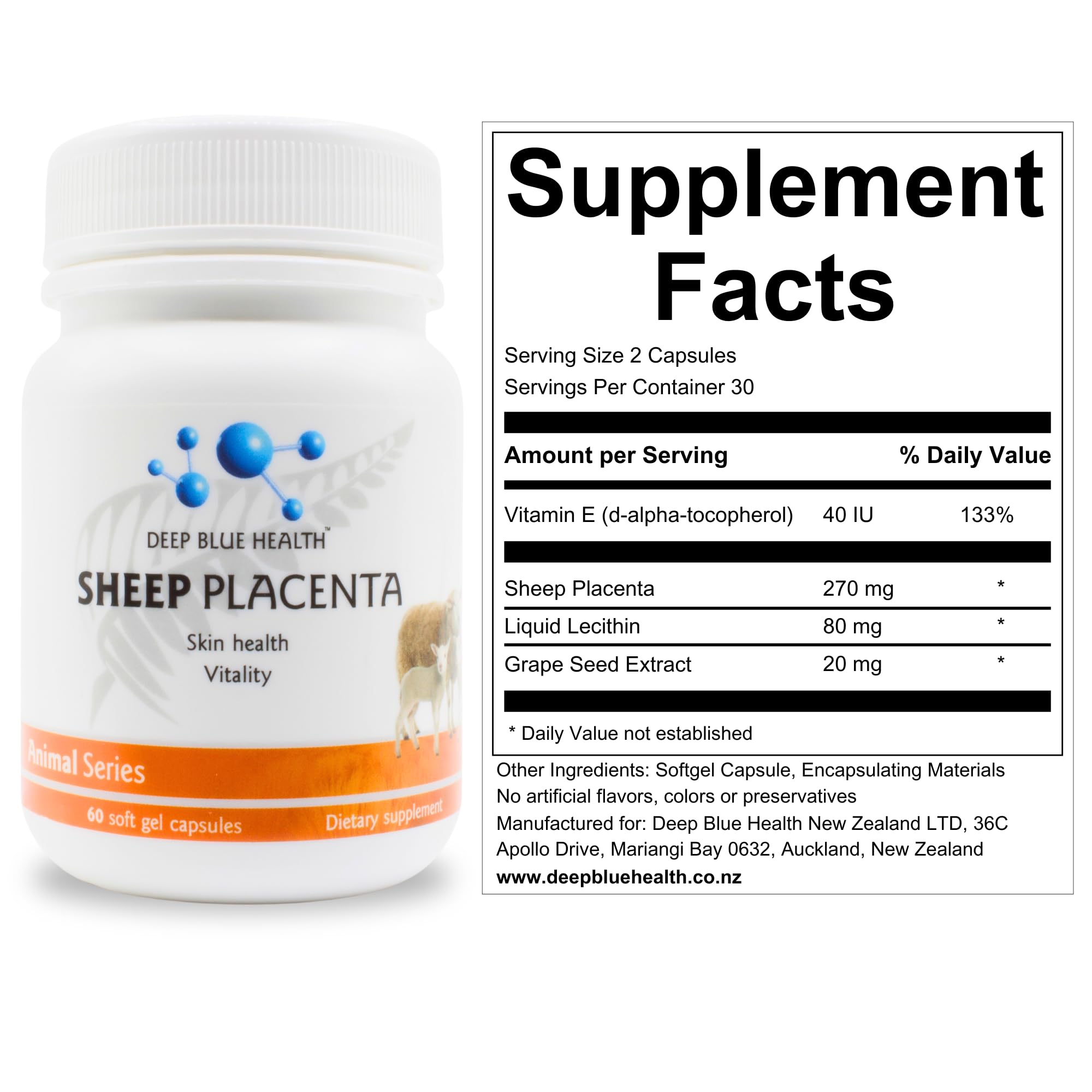 Deep Blue Health ovine placenta capsules close-up highlighting nutrient-rich formula